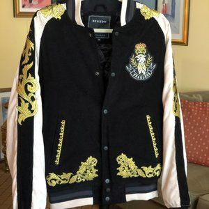 Varsity Bomber Jacket by REASON NEW YORK BRAND. Embroidered details. Size: MED.